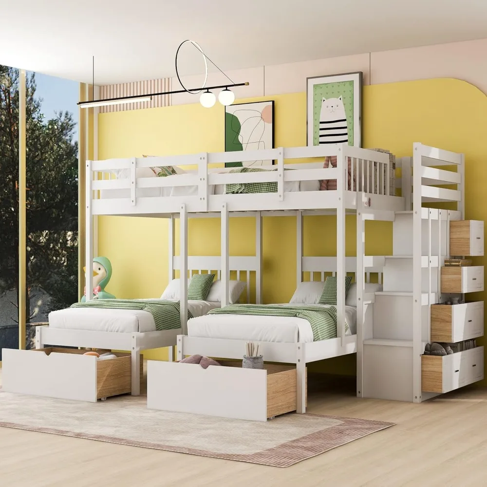 

Bunk bed with 7 drawers, triple bunk bed with guardrail and step handrails, suitable for families, no need for a box spring