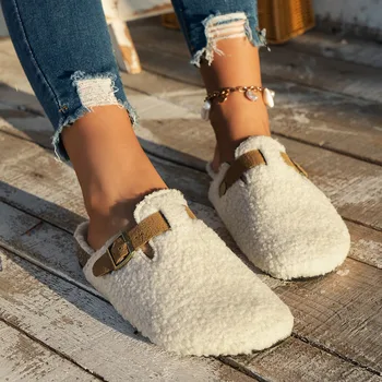 Vrouwen Slippers Muilezels Bont Vrouwen Schoenen Winter Nieuwe Gesp Flats Platform Wandelen Pluche Dames Slides Casual Warme Indoor Laarzen Vrouwen