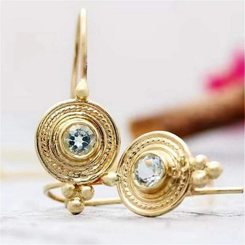 Ethnic Style Inlaid Dazzle Synthetic Zirconia Golden Pendant Earrings for Women Vintage Temperament Festival Celebration Jewelry