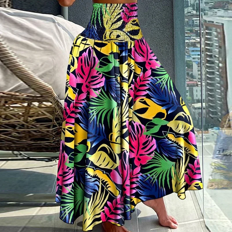 Jupe plissée taille haute à motif rétro pour femmes, coupe couvertes, longue, vacances, plage, jupe trapèze, printemps, été, 2024