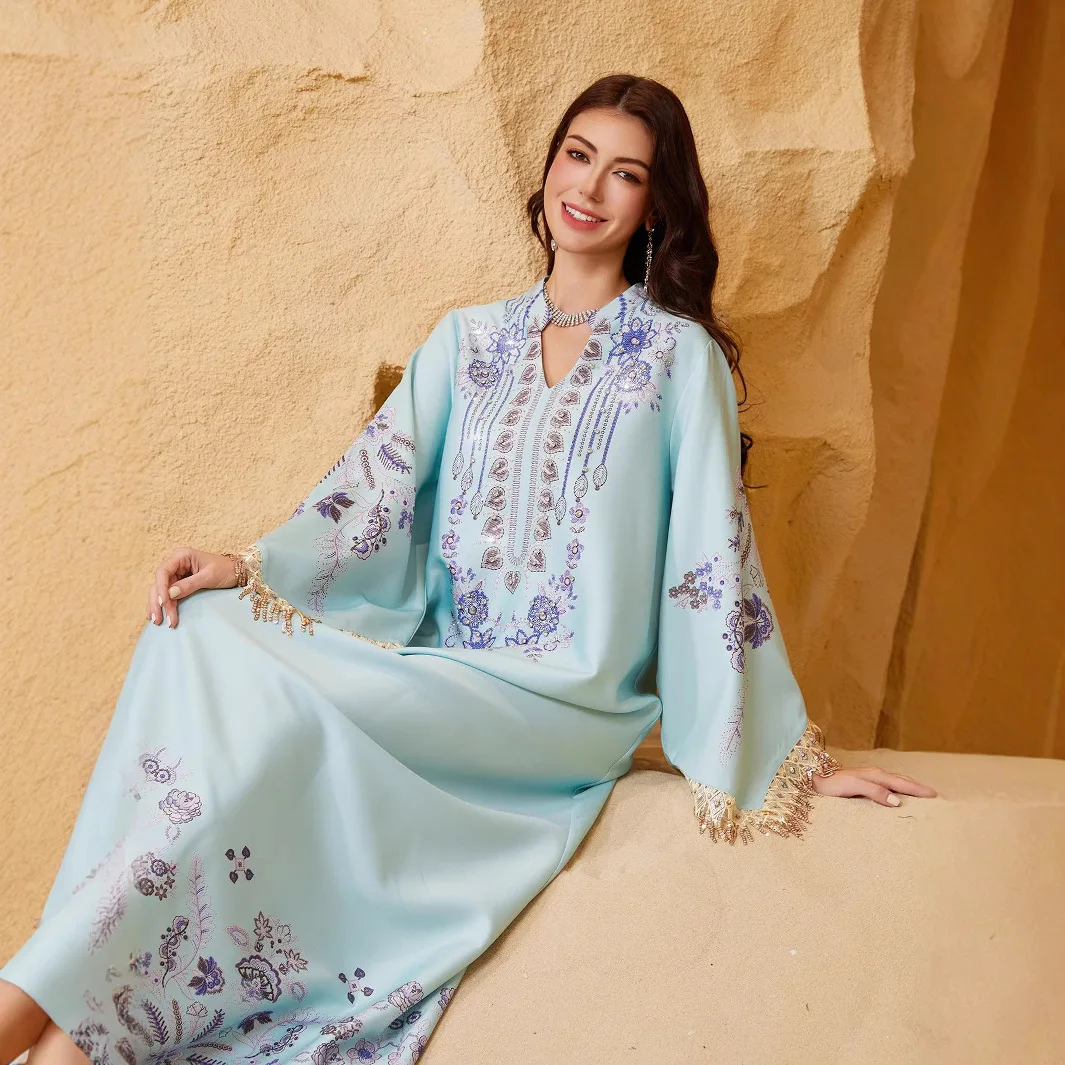 

Muslin New Fashion Women's Blue V-neck Long Sleeve Ankle Length Printed Embroideried Trendy Casual Elegant Dress Female Clothes