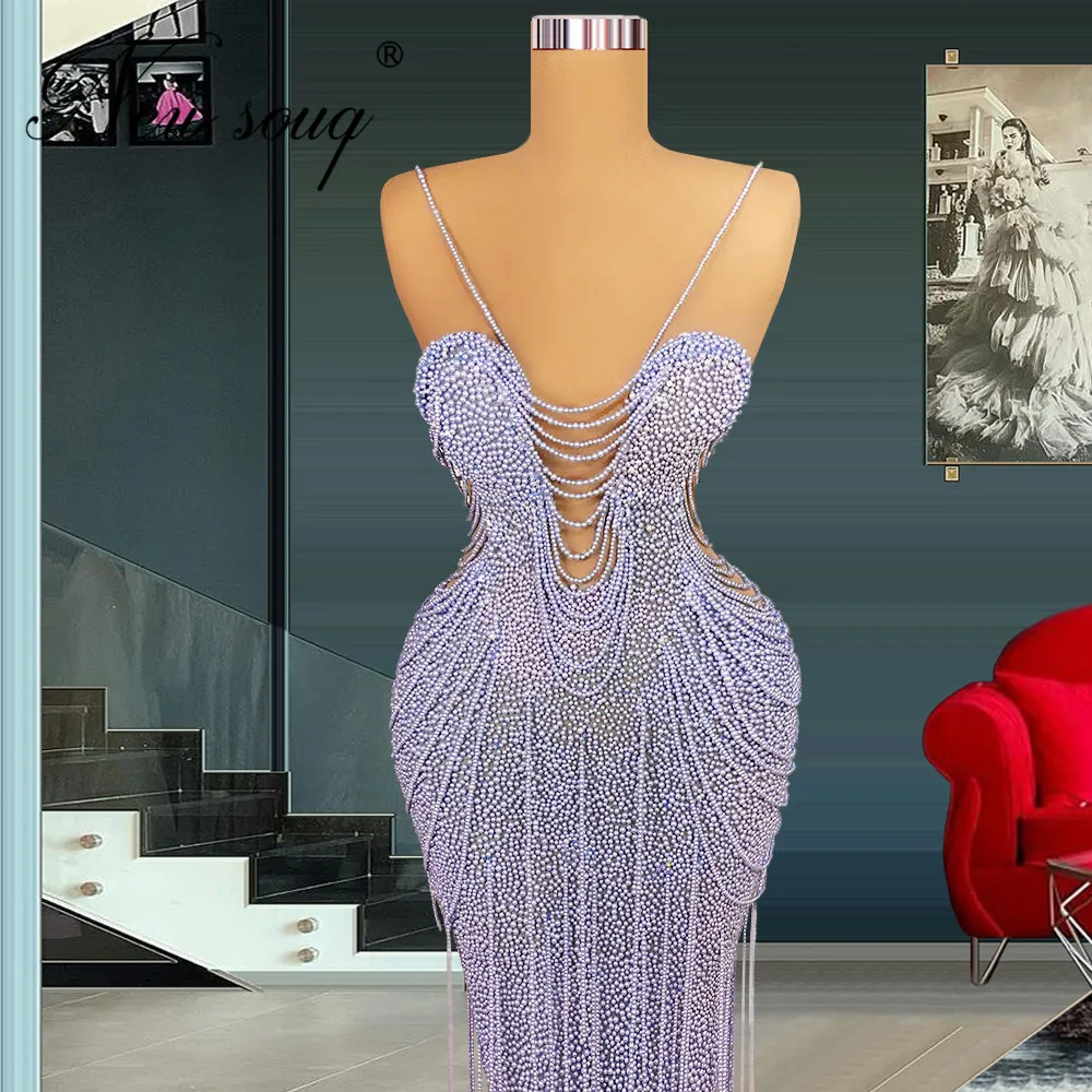 Newest Dubai Lavendar Pearls Prom Dresses Vestidos Elegant Women Evening Party Dresses Couture Celebrity Dress 2022 Abendkleider