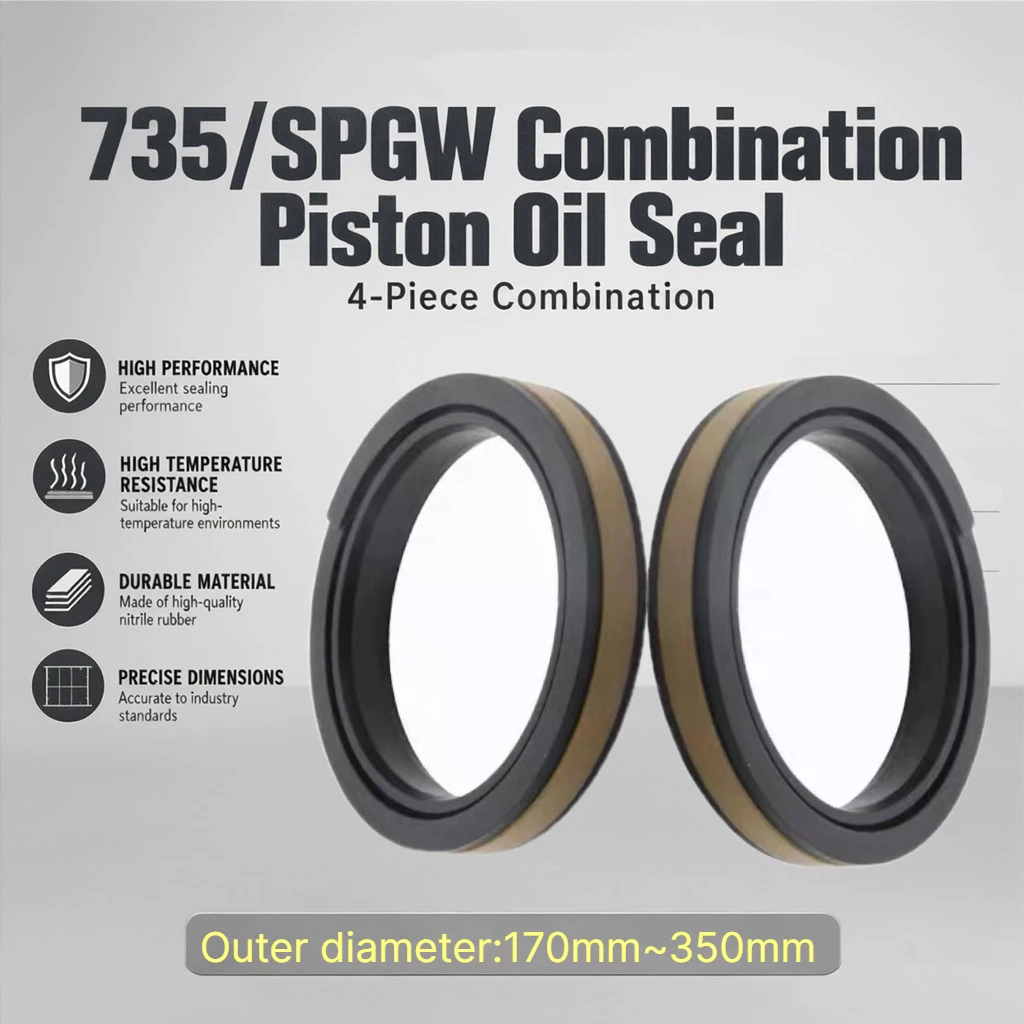 735 Piston Oil Seal (170mm~350mm) SPGW 4-piece Combination Hydraulic Hole Sealing Ring TPE+NBR+POM Excavators, Loaders, Etc