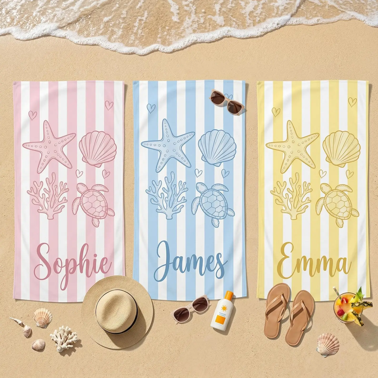Personalized Family Beach Towel Vacation Custom Striped Beach Towel with Name Ocean Animal Sea Turtle Gift for Kids