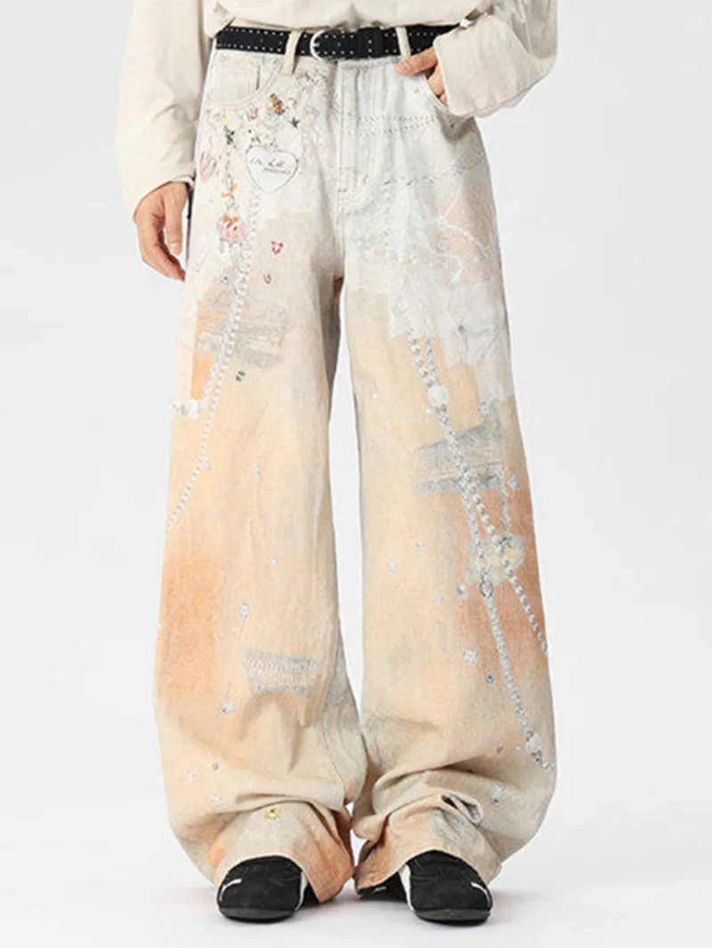 Digital Print Straight Men Jeans Contrast Color Male Denim Pants Summer New Stylish Baggy Menwear High Street  9W1IVM