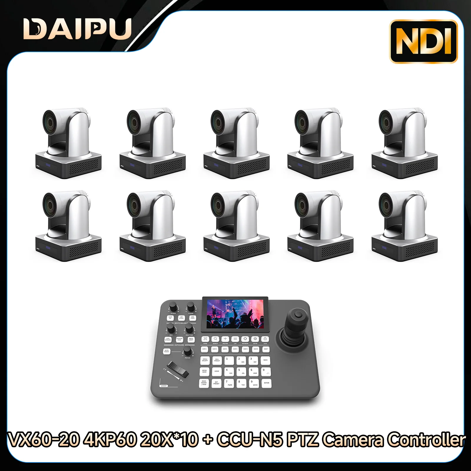

DAIPU 1-10PCS VX60-20 NDI PTZ Camera 4KP60 20X Optical Zoom+CCU-N5 NDI PTZ Camera Controller for Church Worship Live Streaming
