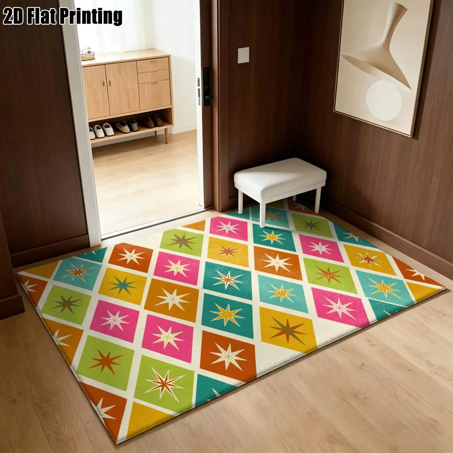 1Pc 2D Printed Carpet: Colorful Starburst Geometric Retro/Nordic/Minimalist Style, Home Decor, Multi-Size, Machine Washable, for Entryway, Dining Room, Bedroom, Living Room, Study