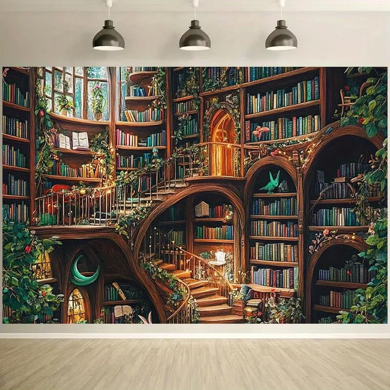 VIKAMAFantasy Library Hintergrundstoff, Banner, Wandteppich, Themenparty, Wohnzimmer, Sofa, Hintergrund, Wand, Raumdekoration