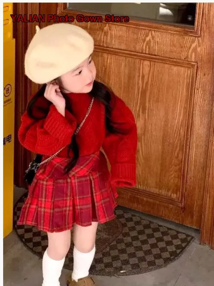 Girls Autumn Winter Knit Pullover Sweater with Cable Pattern Round Neck Kids Pleated Skirt Set for New Year Christmas
