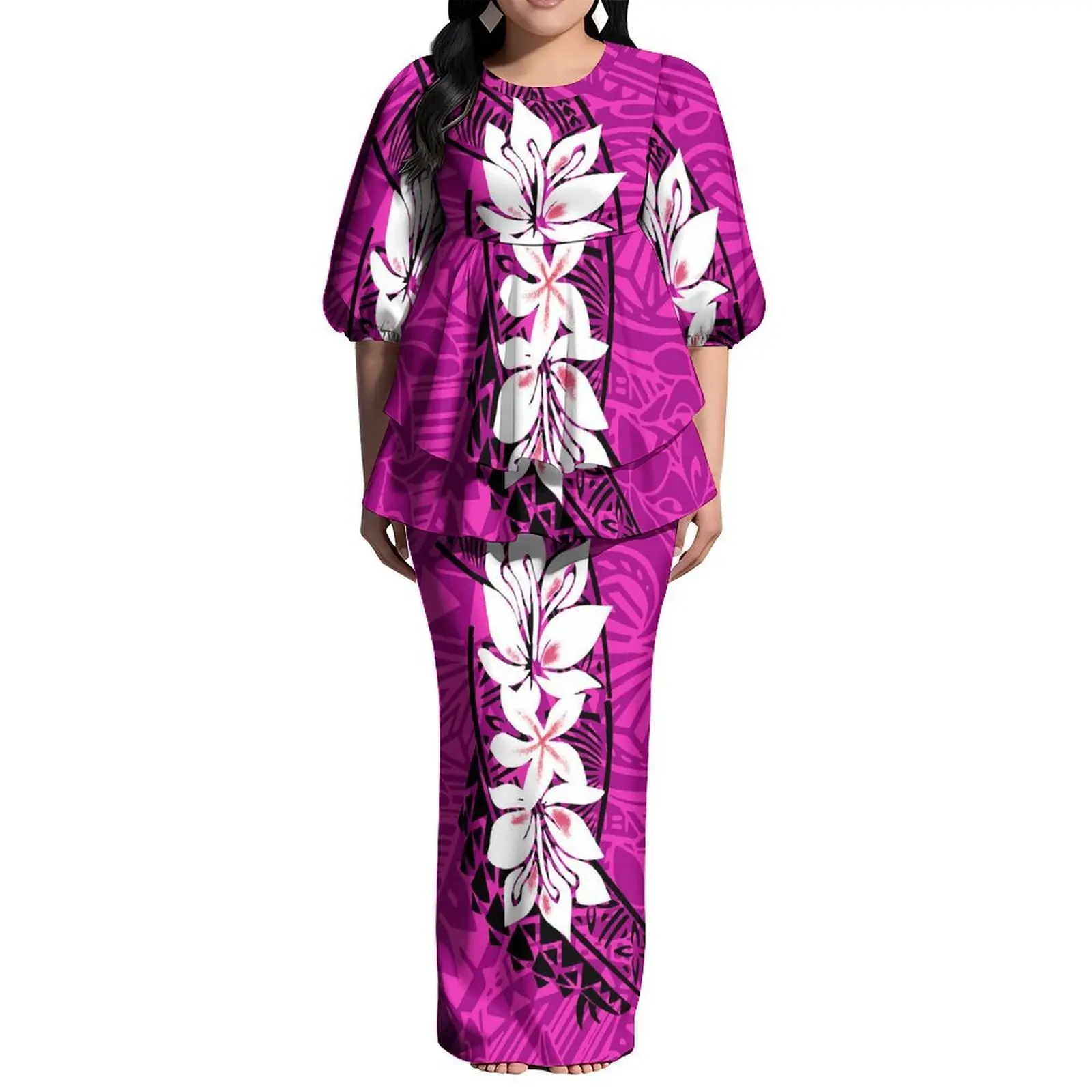 New Custom Pattern Puletasi Ladies Polynesia Style Temperament Round Neck Bubble Sleeve Waist Double Hem Suit Dress
