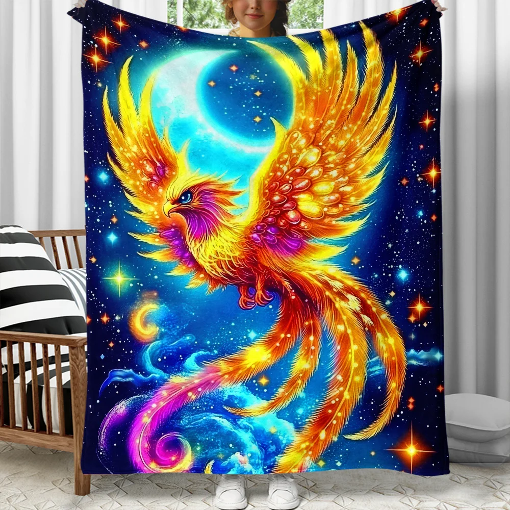 Phoenix Bird Mythical Creature Fleece Blanket Fantasy Art Throw Blanket Fire Wings Cosmic Background Soft Cozy Bedding Decor