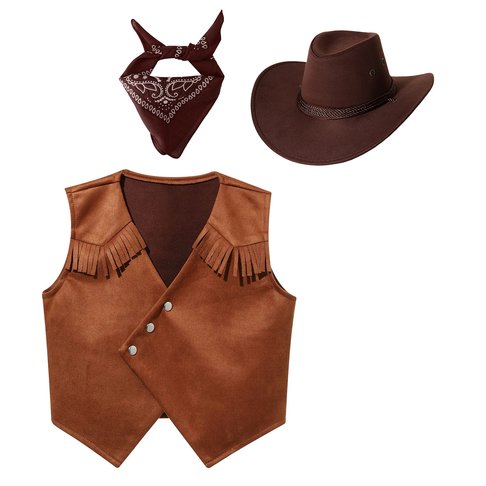 Western Rodeo Cowboy Cowgirl Costume for Kids Child Fringe Vest with Hat Bandanna Halloween Cosplay Party Dress Up Pretend Play