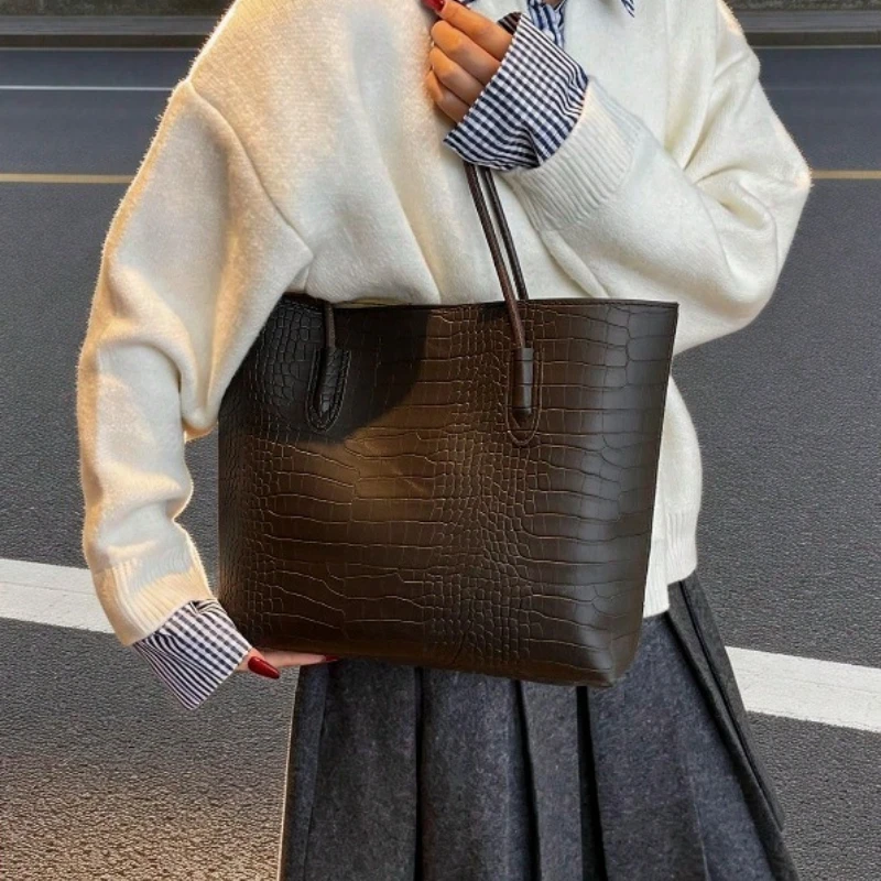 

Портативная сумка-тоут с тиснением под крокодила для женщин, легкая сумка из искусственной кожи с внутренним карманом для офиса, университета
