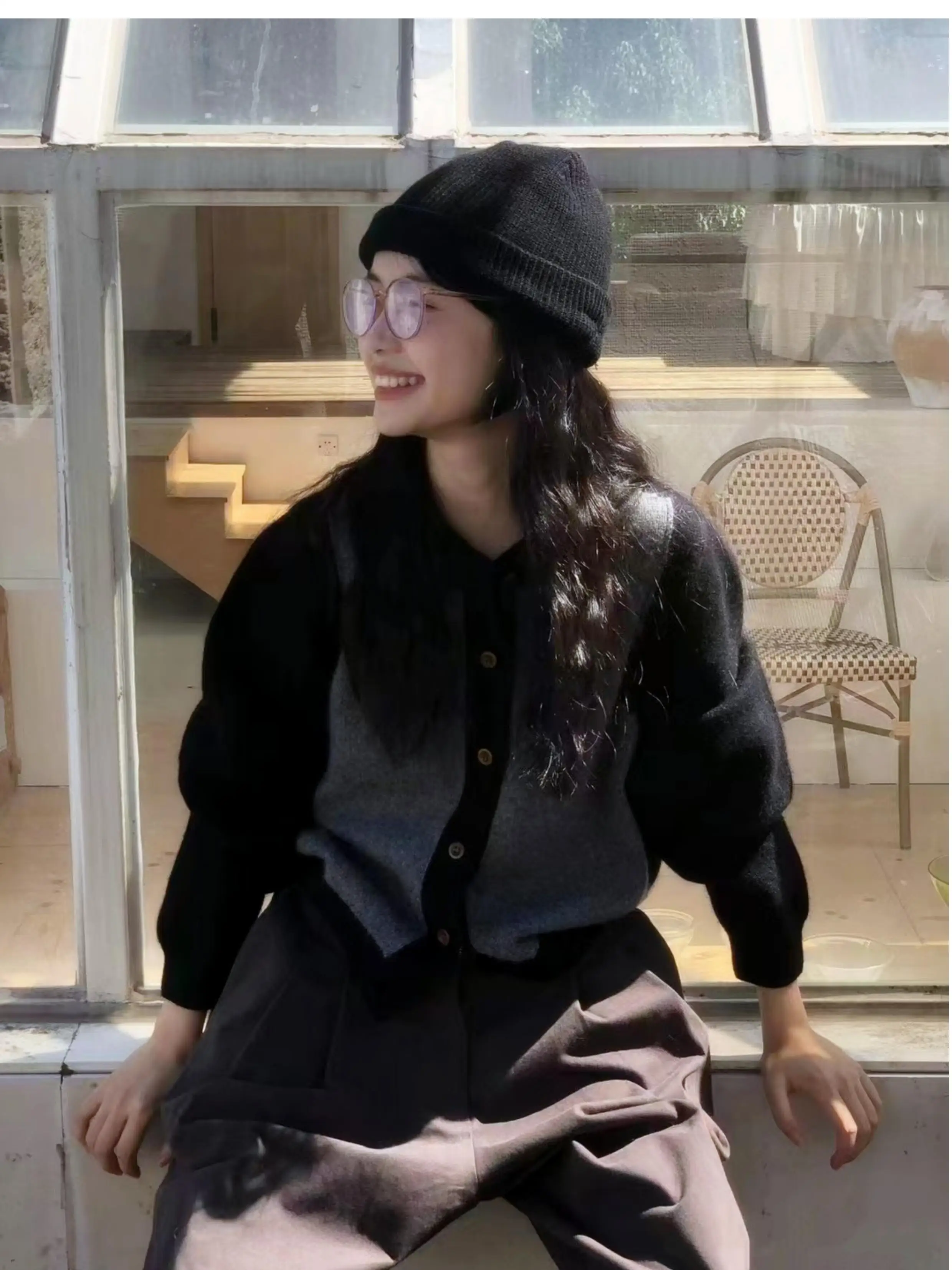 Dames herfst- en winterjas van kasjmier met ronde hals, luie wind, losse gebreide jas in westerse stijl