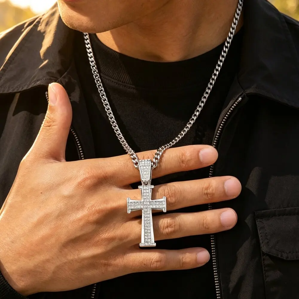 Hip Hop Crystal Cross Pendant Necklace for Men,Bling Rhinestone Cross Charm Necklace,Punk Metal Jewelry Gift