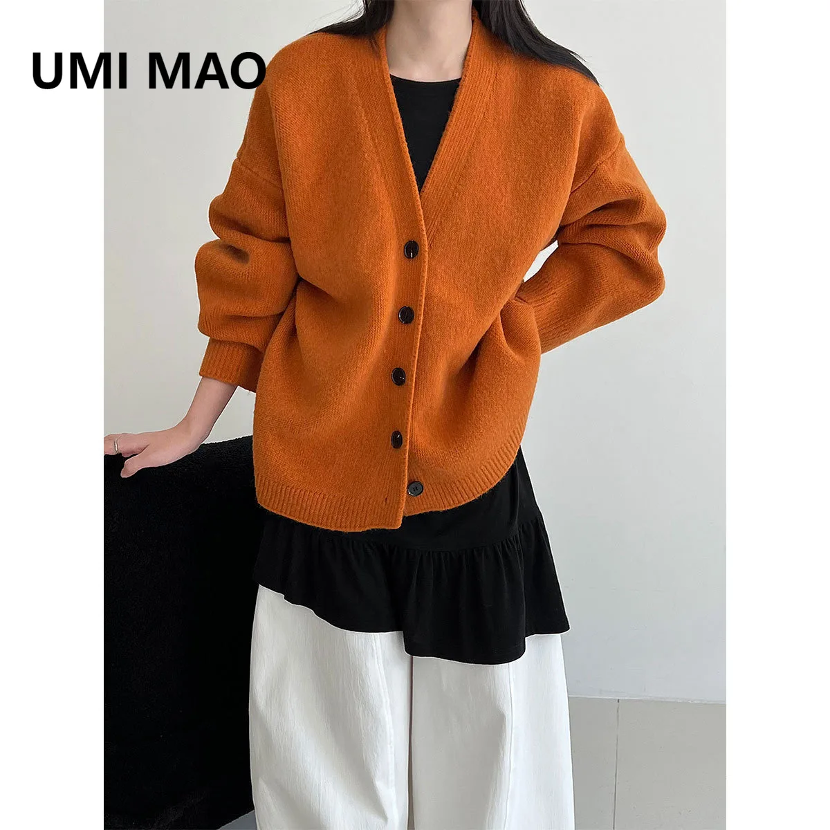 

UMI MAO Минималистичный оранжевый вязаный кардиган для женщин, новый осенне-зимний однобортный толстый свитер с v-образным вырезом
