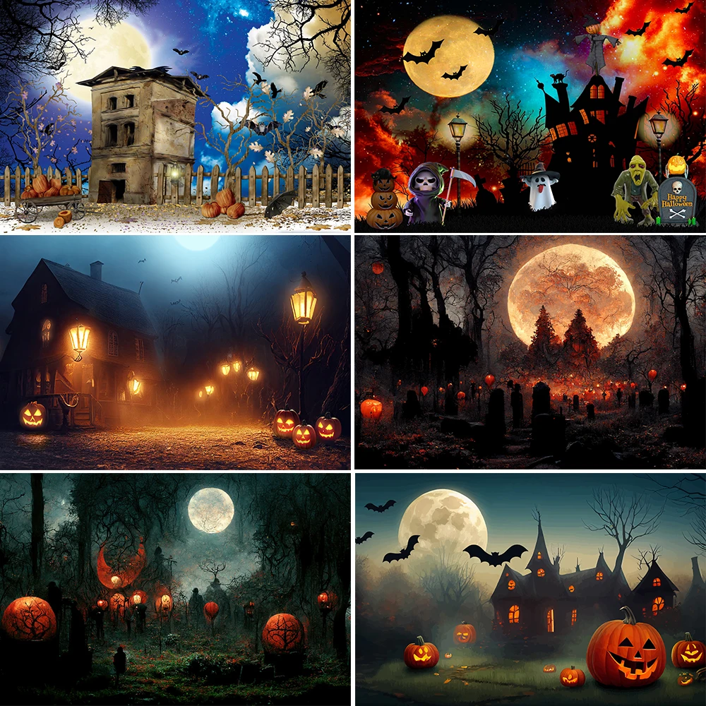 

Halloween Photography Backdrop Dark Forest Tomb Tombstone Castle Pumpkin Skull Moon Family Party Decor Photo Studio Background