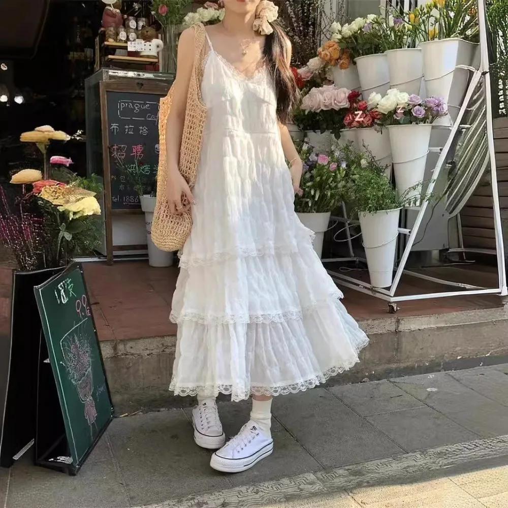 

Elegant Spaghetti Strap Strap Lace Dress Sleeveless Ruffles Dress Long Dress Loose Holiday Dress Summer