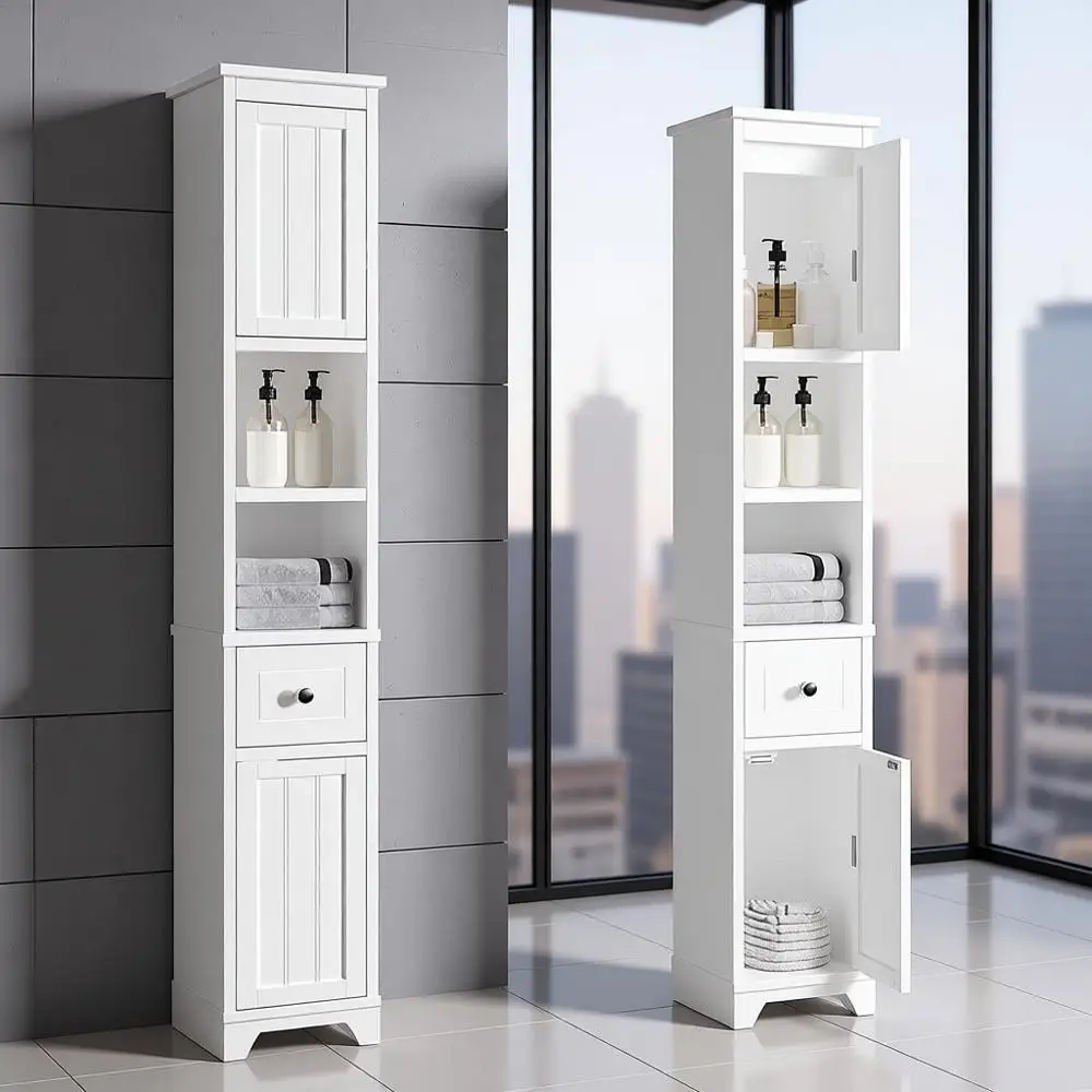 

Narrow Bathroom Storage Cabinet with Adjustable Shelves, Tall Storage Cabinet with 2 Doors and 1 Drawer, Freestanding Cupboard f