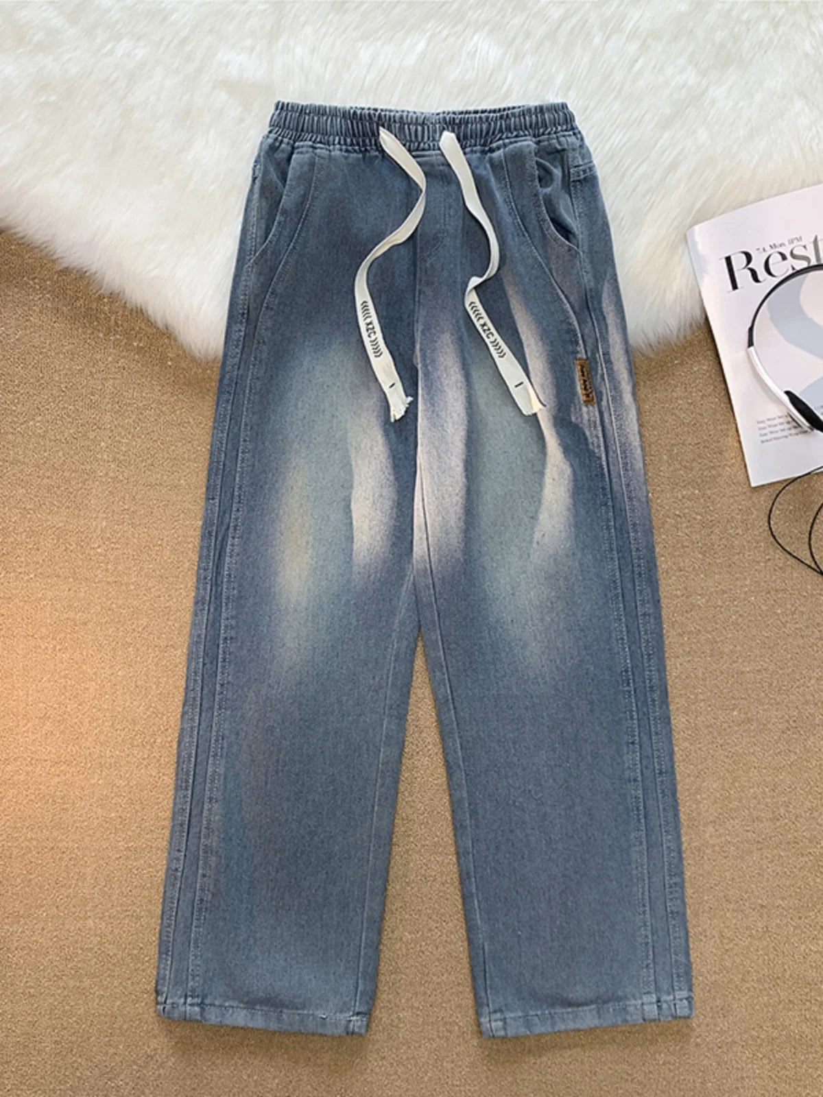 

Washed Denim Jeans Trendy Brand Youth Men's Pants Elastic Waist Straight Leg Long Trousers Spring Autumn Loose Fit Jeans