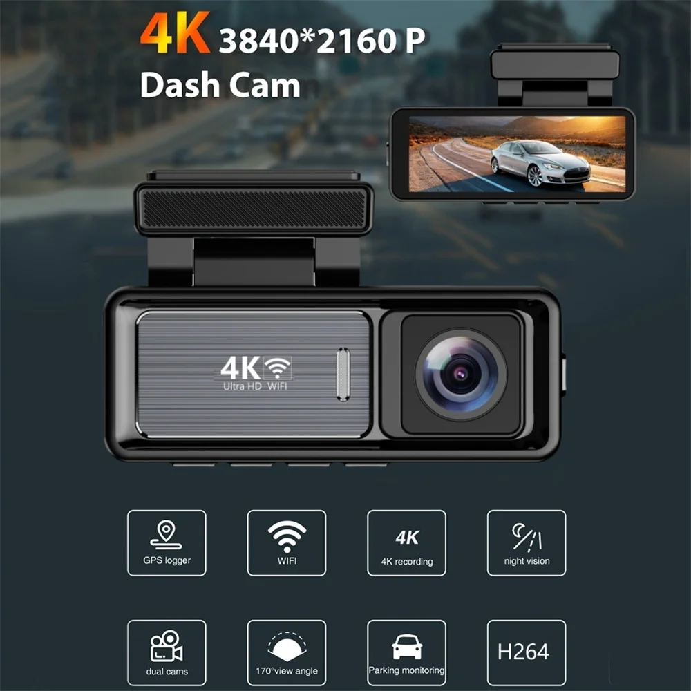 4K 2160P 3.2Inch  Dash Cam Dual Lens Ultra HD Real Car DVR Camera WIFI GPS Rear View Night Vision WDR Video Recorder 24H Parking