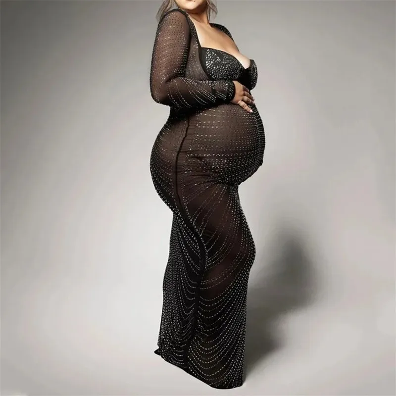 Shining Crystals Maternity Photography Dress Sexy Pregnant Woman Bodycon Mesh Pregnancy Photography Long Dress