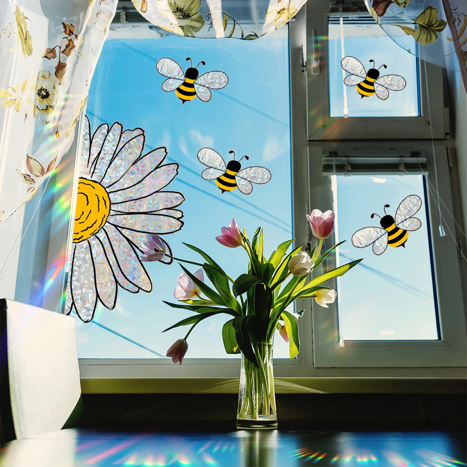 Adorable Bees Style Glass Sticker Summer Sunflower Window Clings for Glass Windows Removable Sticker