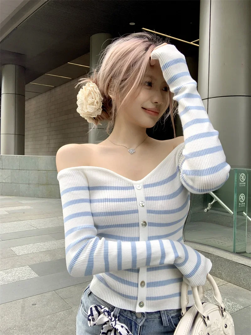 Hollow Shoulder Crop Top Knit Striped Stitch Fake Button Stretch Knitted T-Shirt Knitwear Fall T Shirt Top y2k korean cropped