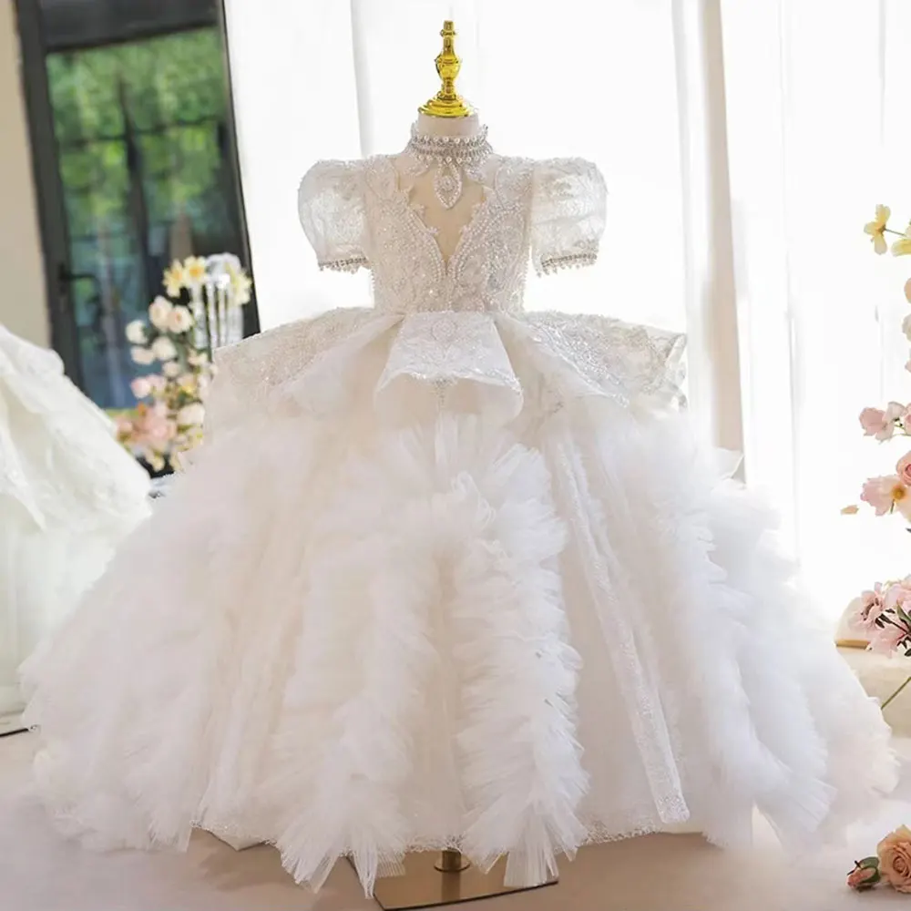 

Jill Wish Luxury White Girl Dress Beaded Pearls Dubai Kids Princess Birthday Wedding Party First Communion Long Gown 2024 J216