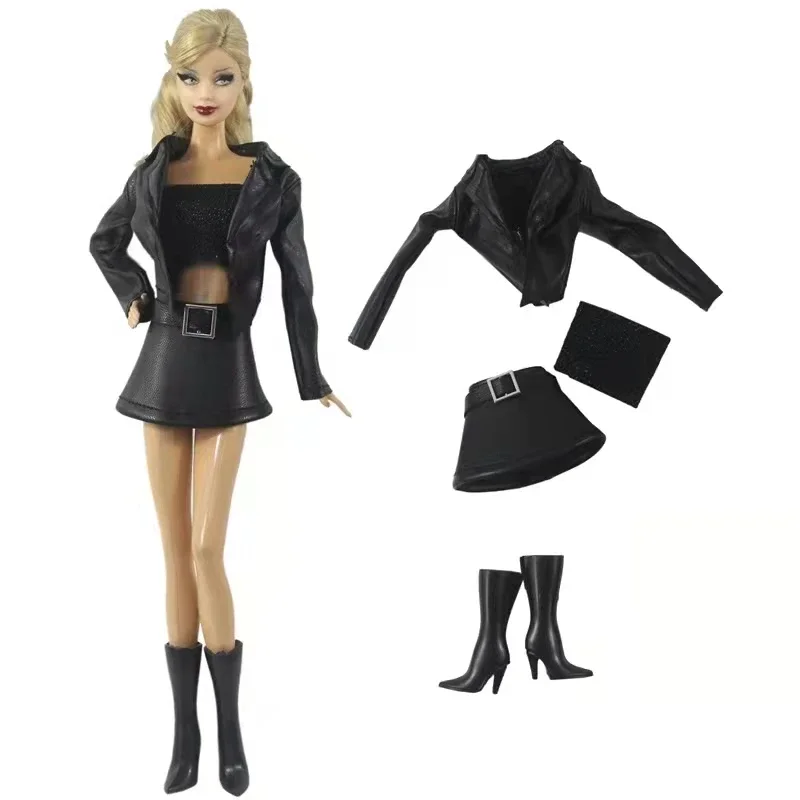 

Black Leather 1/6 Doll Clothes For Barbie Outfits Set Jacket Coat Tank Top Skirt Boots 30cm Dolls Accessories for Barbie Clothes