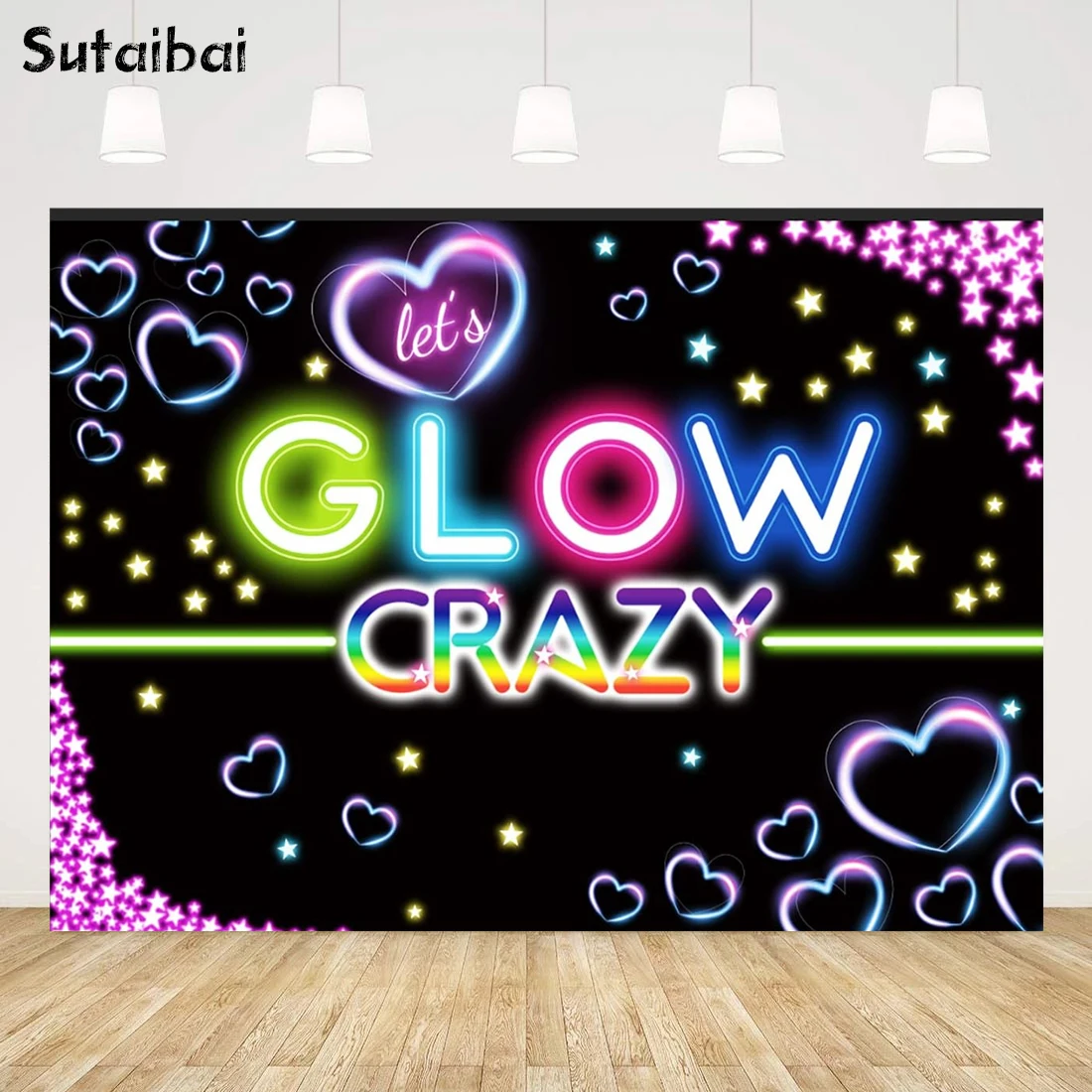 

Let's Glow Crazy Neon Party Backdrop Splatter Sweetheart Stars Photography Background Glowing Party Backdrops for Neon Party