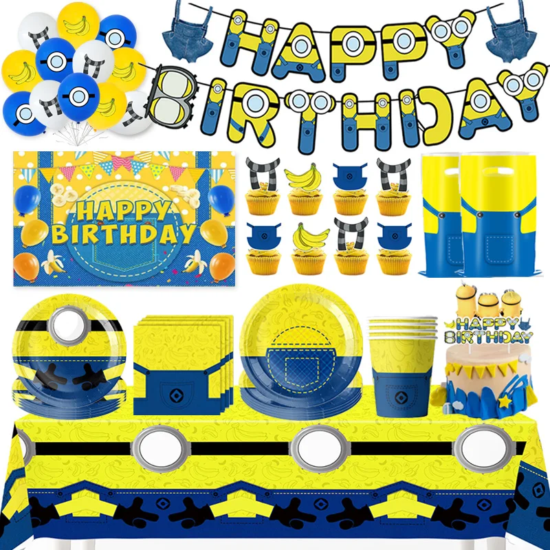 M & Miniones – Kit de vaisselle jetable pour décoration de fête d'anniversaire, assiettes en jean jaune, tasses, cadeaux pour enfants garçons, fournitures de réception-cadeau pour bébé