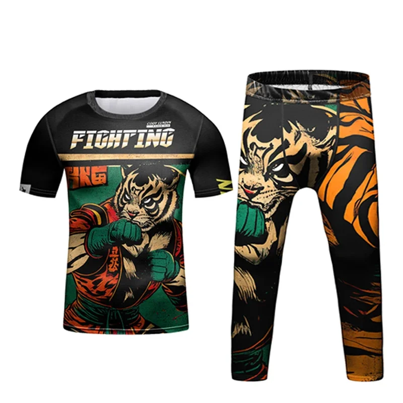 Rushguard kids Bjj Rash guard Jiu jitsu T-shirt + spodnie zestawy Kickboxing koszulki sportowe chłopiec dzieci Gi Muay Thai spodenki MMA koszule