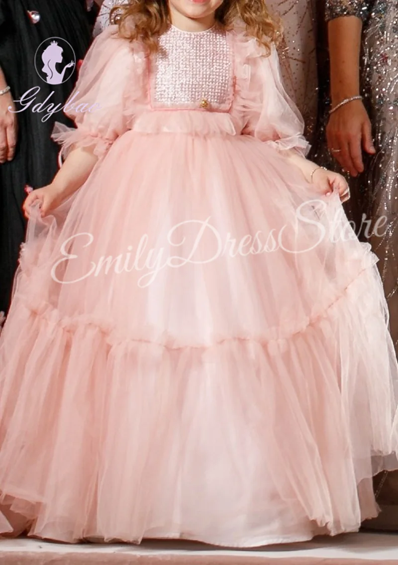 Stunning Sister of Bride Custom Pink Flower Girl Dress For Wedding Tulle High Waist With Belt Kids Birthday Ball Teen Gown