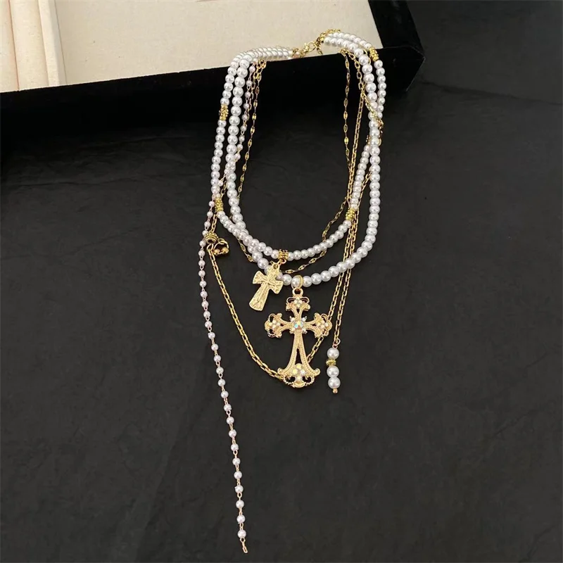 Fashion Exaggerated Cross Pendant Necklace Multilayer Pearl Short Collarbone Chain Personal Jewelry Accessories For Women