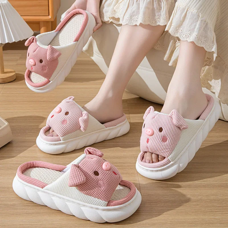 2024 New Pink 3.5cm Fashion Soft Ladies Casual Cute Piggy Pattern Design comode pantofole da casa in lino femminile