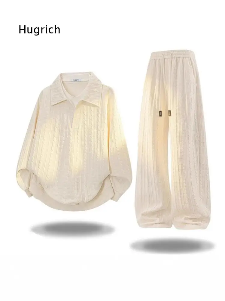 Mens Daily Matching Outfit Lapel Textured Long Sleeve Top And Elastic Drawstring Wide Leg Pants For Comfortable Street Fashion