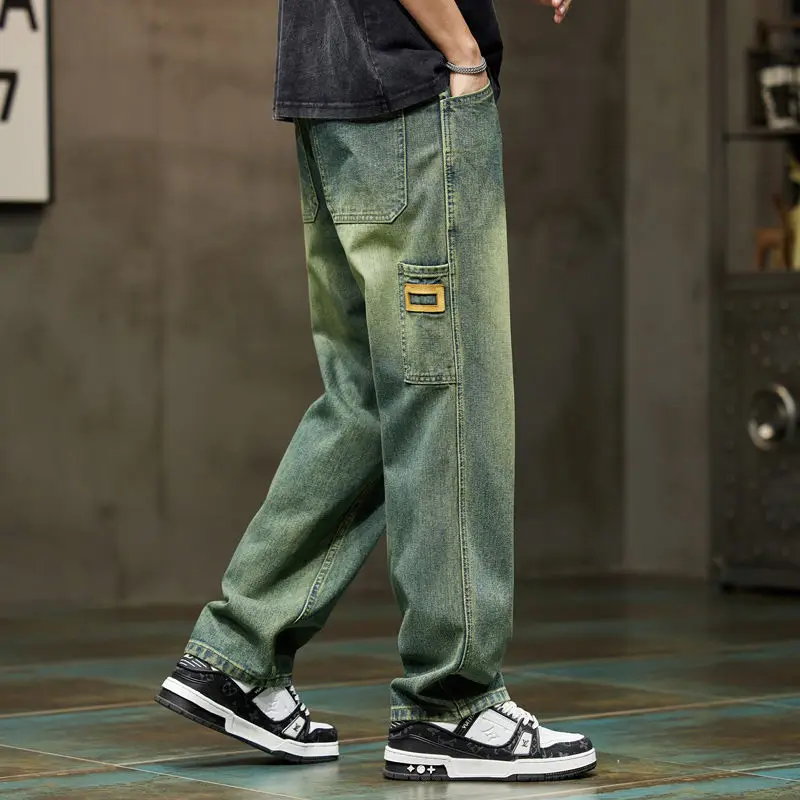 

Vintage Loose Jeans Men's High Street Straight Wide Leg Pants Baggy Pants for Men Retro Hip-hop Trousers Trendy Yellow Mud Dyed