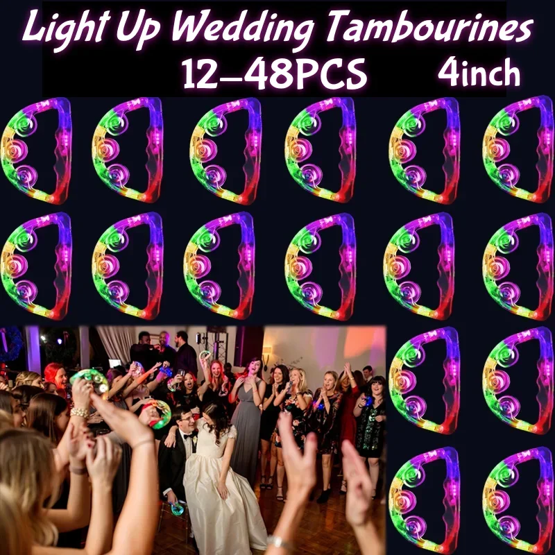 

12-48Pcs Light Up Tambourines For Adults Dance Floor Props Wedding LED Noisemaker Mini Tambourine Party Favors(4 Inch)