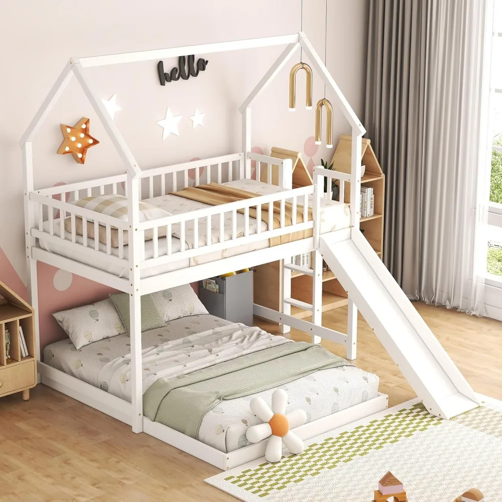 Litera de casa con escalera y tobogán integrados, estructura de cama doble sobre madera completa con barandilla de longitud completa, para dormitorio, niños y adolescentes