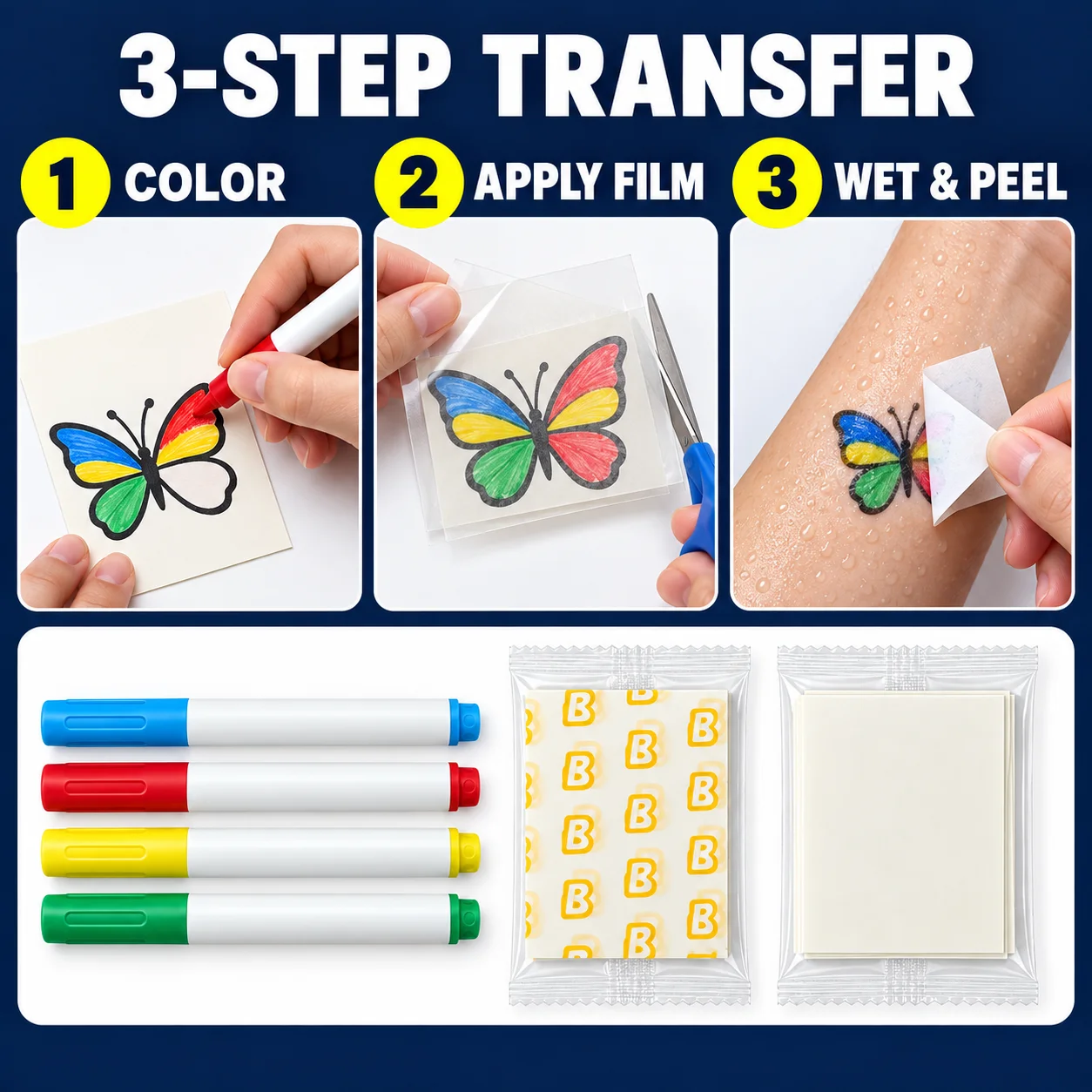 Water Transfer Temporary Tattoo Film Sticker Colored Pen Compatible for Birthday Party Concert DIY Body Art Graffiti Tag