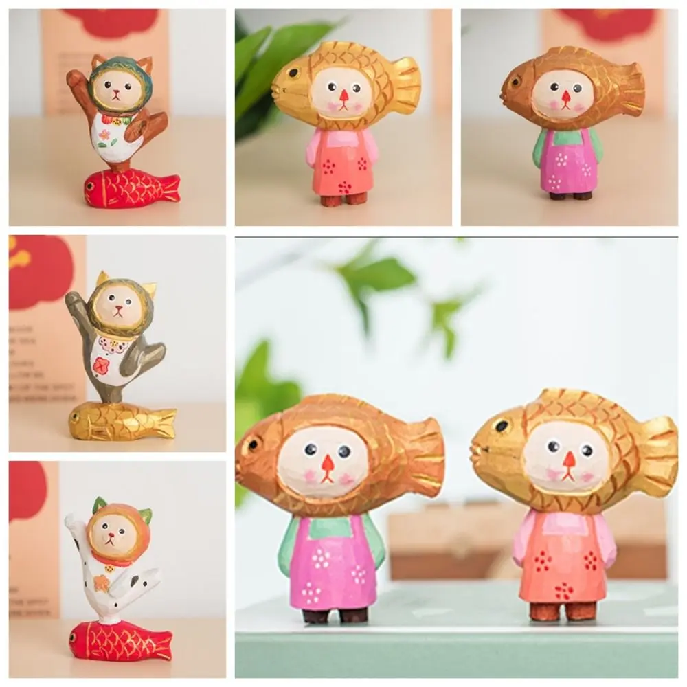 

Small Wood Carving Cat Ornament Solid Wood Cute Painted Cartoon Cat Sculpture Handmade Simple Style