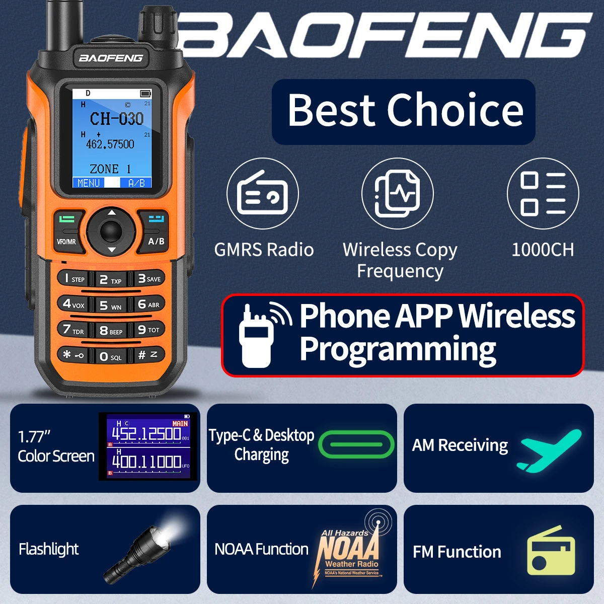 Baofeng GM-21 Long Range Walkie Talkie GMRS Transceiver Bluetooth Wireless Programming Multi-Band Receiving Type-C Two Way Radio