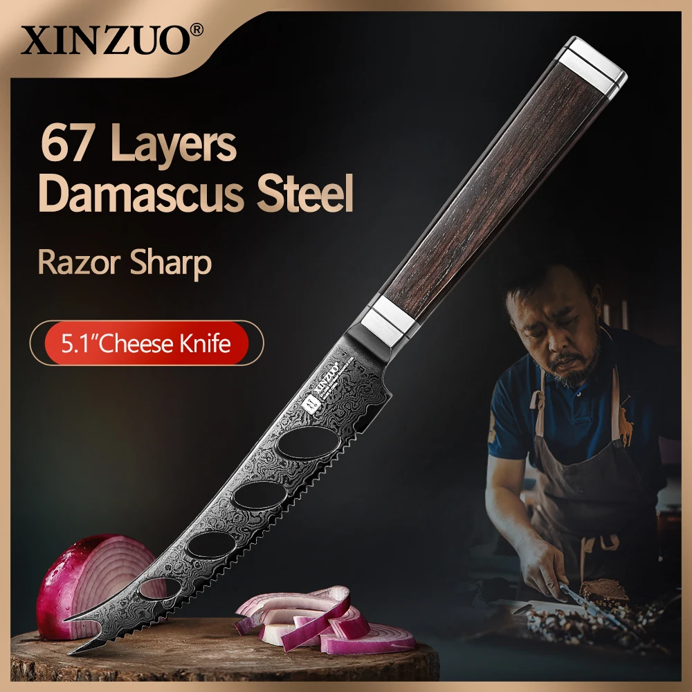 XINZUO 5.12 Inches Cheese Knife Damascus Kitchen Knife 60 HRC Hardness Hand Forged Sharp Blade Ebony And G10 Handle