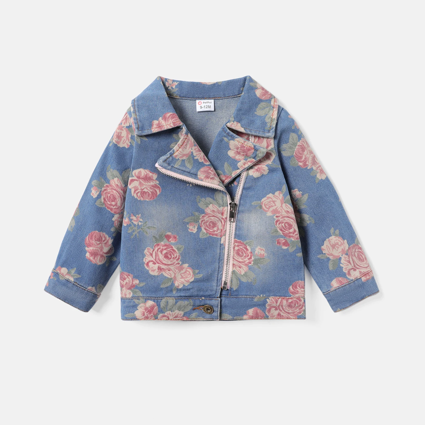 

PatPat Baby Girl 95% Cotton Allover Floral Print Lapel Collar Long-sleeve Zipper Denim Jacket