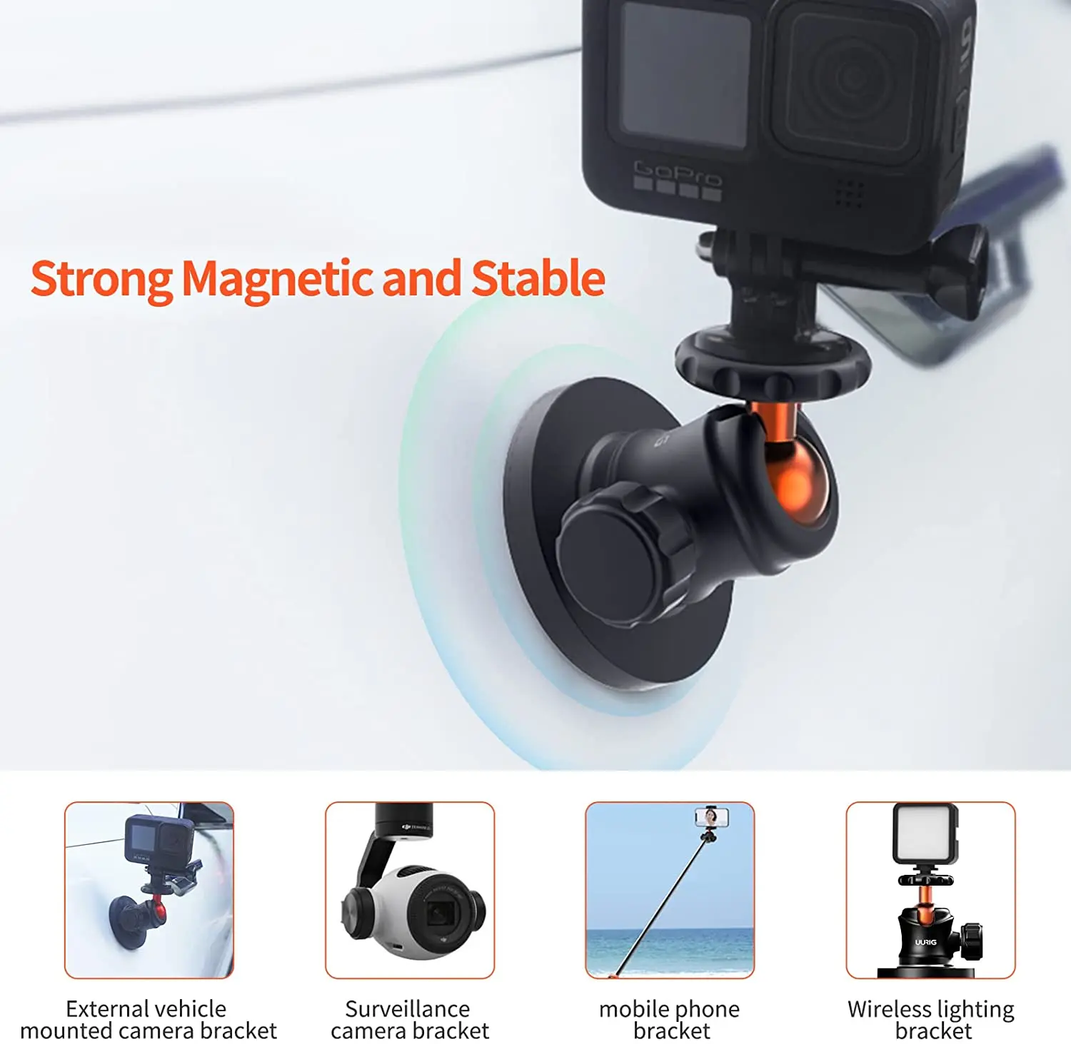 Uurig stronge ímã de montagem para gopro hero 9 preto 8/7/6/5 metal poderoso carro sucção com ballhead e 1/4 parafuso para go pro