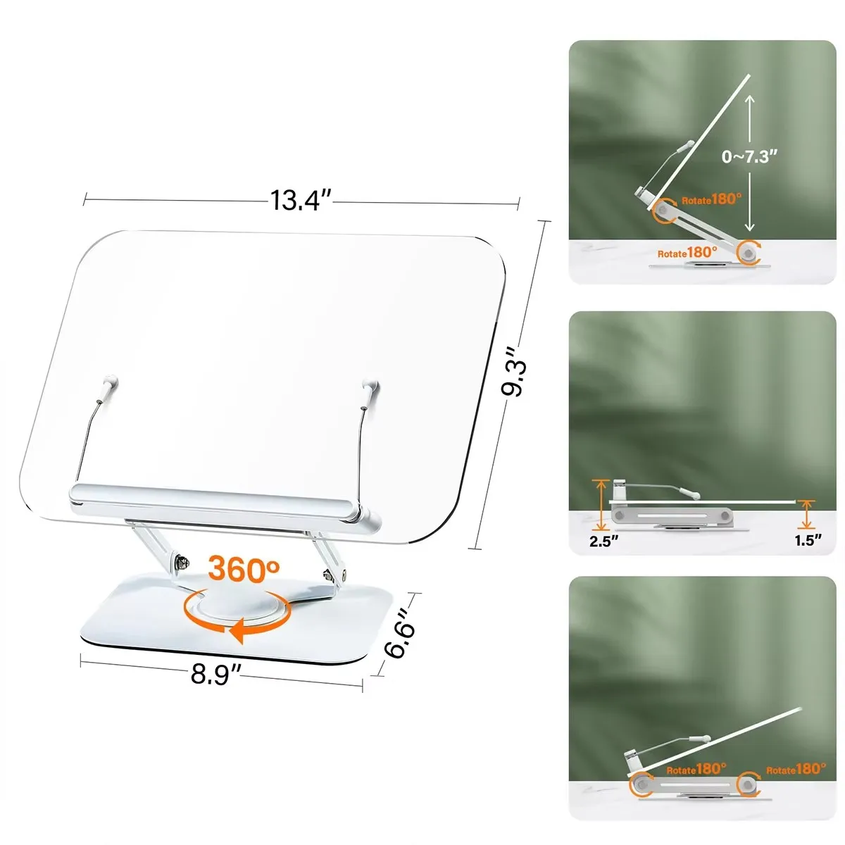 Acrylic Reading Book Stand Adjustable Foldable Desktop Riser Stand for Cookbook, Laptop, Tablet, 360° Rotating and Page Clips