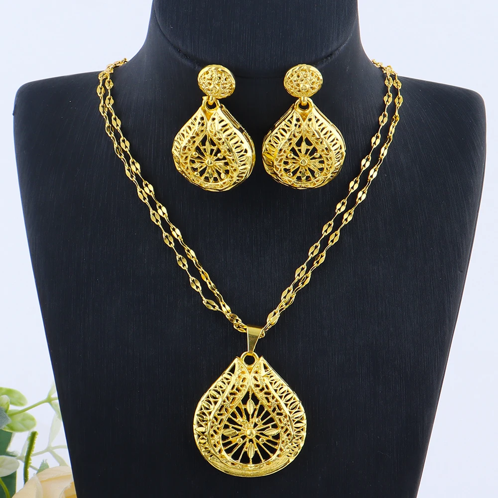 

Dubai Party 24k Gold Plated Jewelry Sets for Women Mid East Bridal Costume Necklace Earrings Sets Indian Wedding Party Gifts
