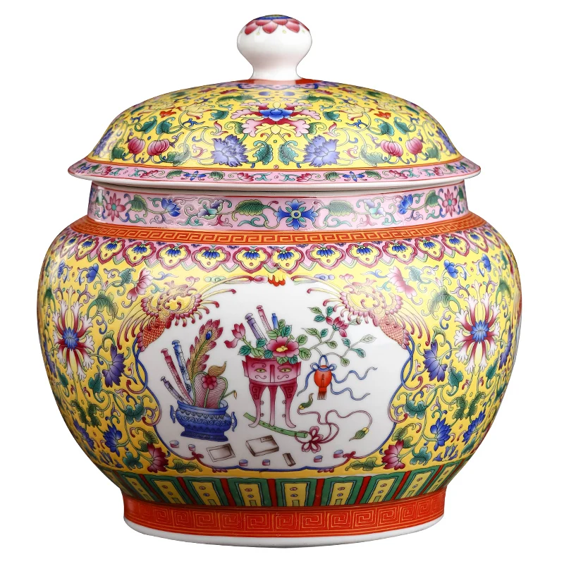 Enamel color Pu 'er tea cake storage tank large Jingdezhen ceramic sealed tea household seven cakes storage