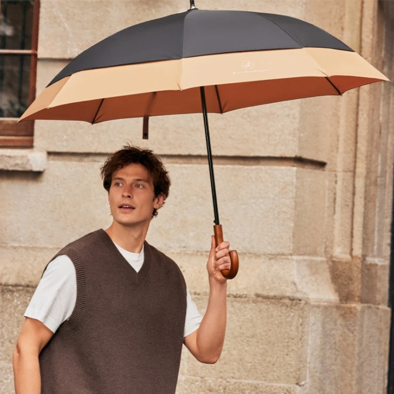 Large Wooden Umbrella Man Business Style, 120cm Big Golf Umbrella Windproof Strong Double Layer, Travel Rain Umbrellas Woman
